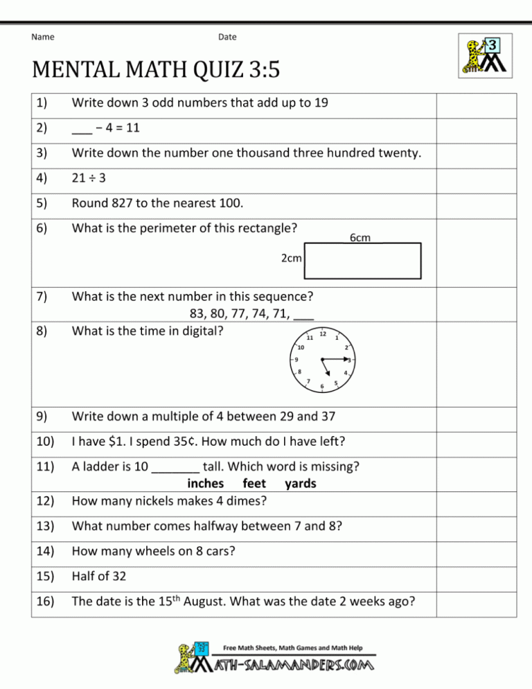 Mental Maths For Class 3 Addition