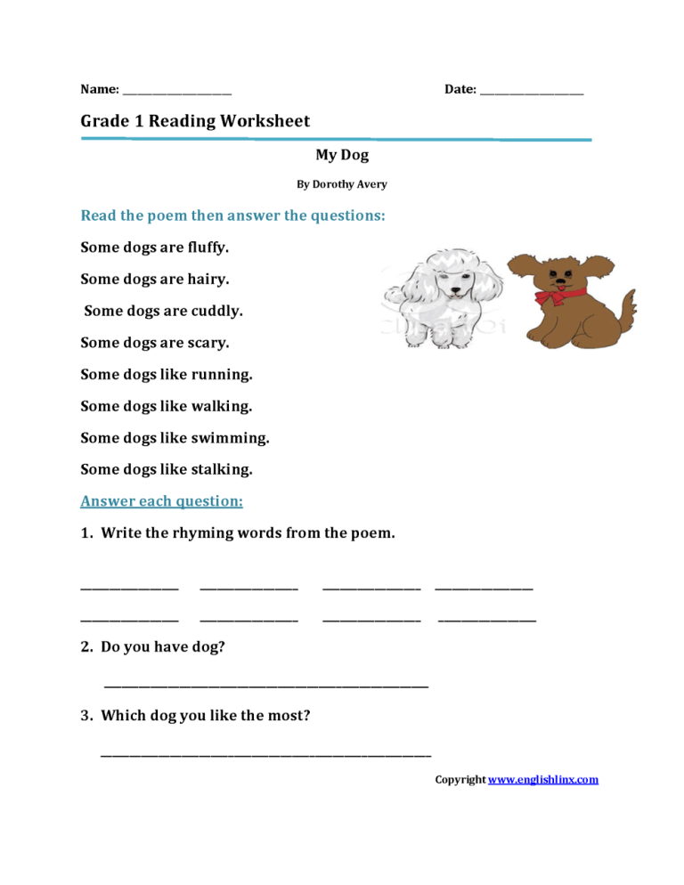 First Grade Grade 1 Worksheets Reading