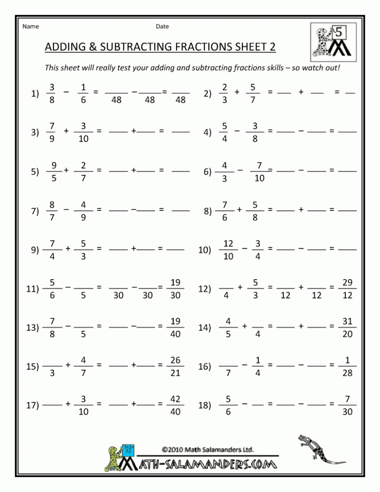 Adding Fractions With Different Denominators Worksheet With Answers