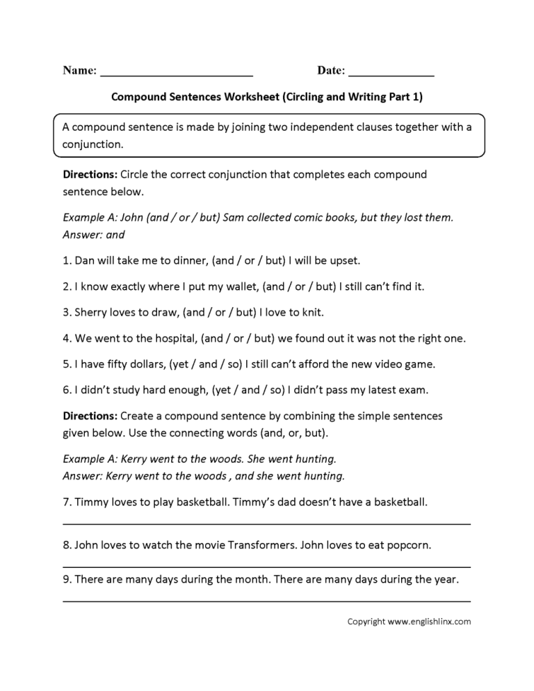 Compound Sentences Worksheets For Grade 3