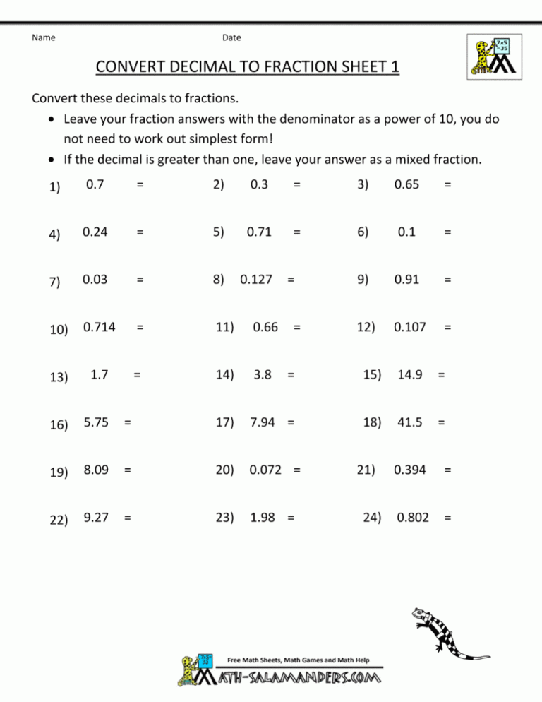 Converting Decimals To Fractions Worksheet 7th Grade