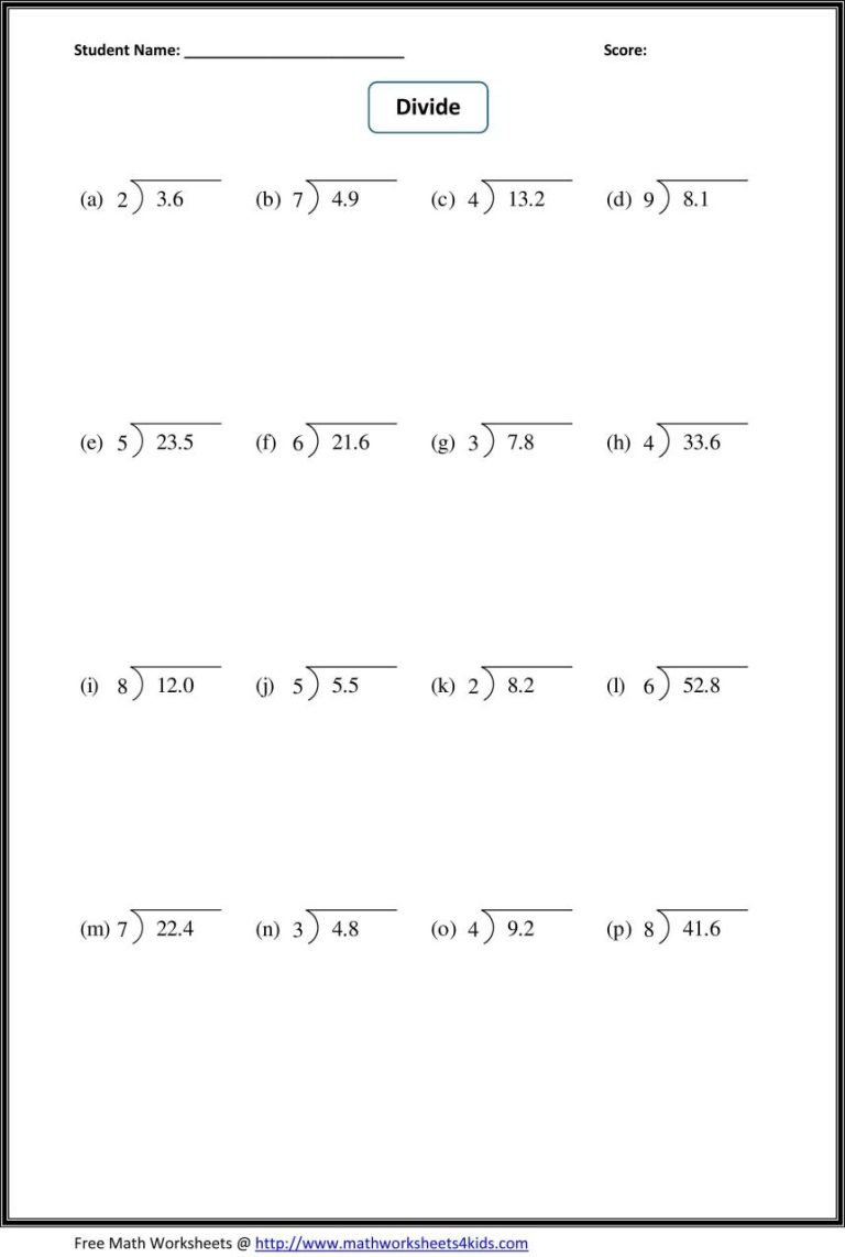 5th Grade Dividing Decimals Worksheet Pdf