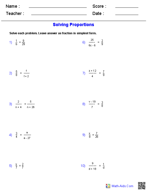 Proportions Worksheet 7th Grade