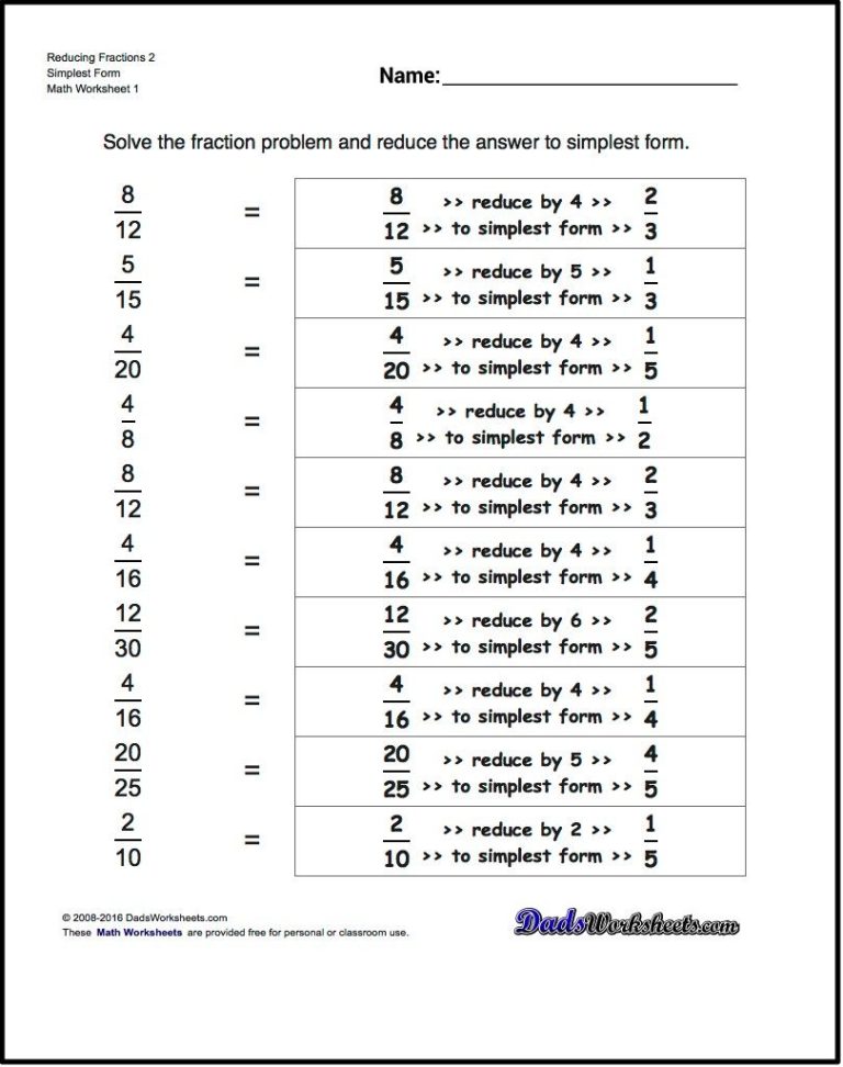 Reducing Fractions Worksheets Grade 5