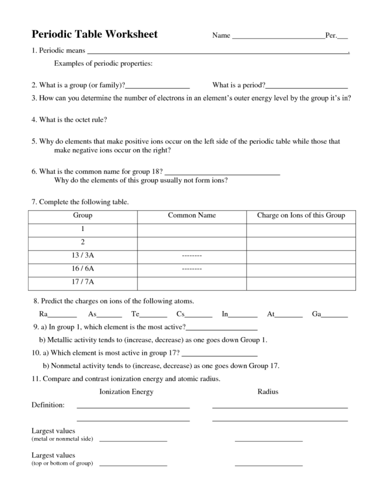 Periodic Trends Worksheet Answers