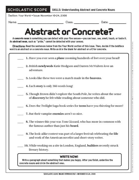 Concrete And Abstract Nouns Worksheet