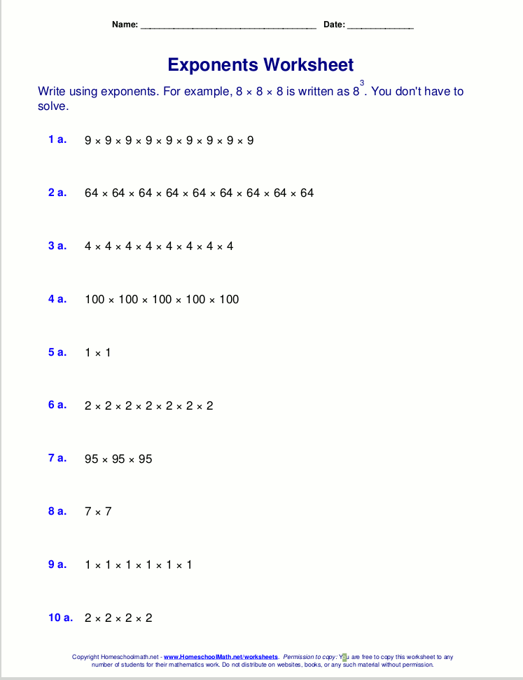 6th Grade Exponents Worksheets