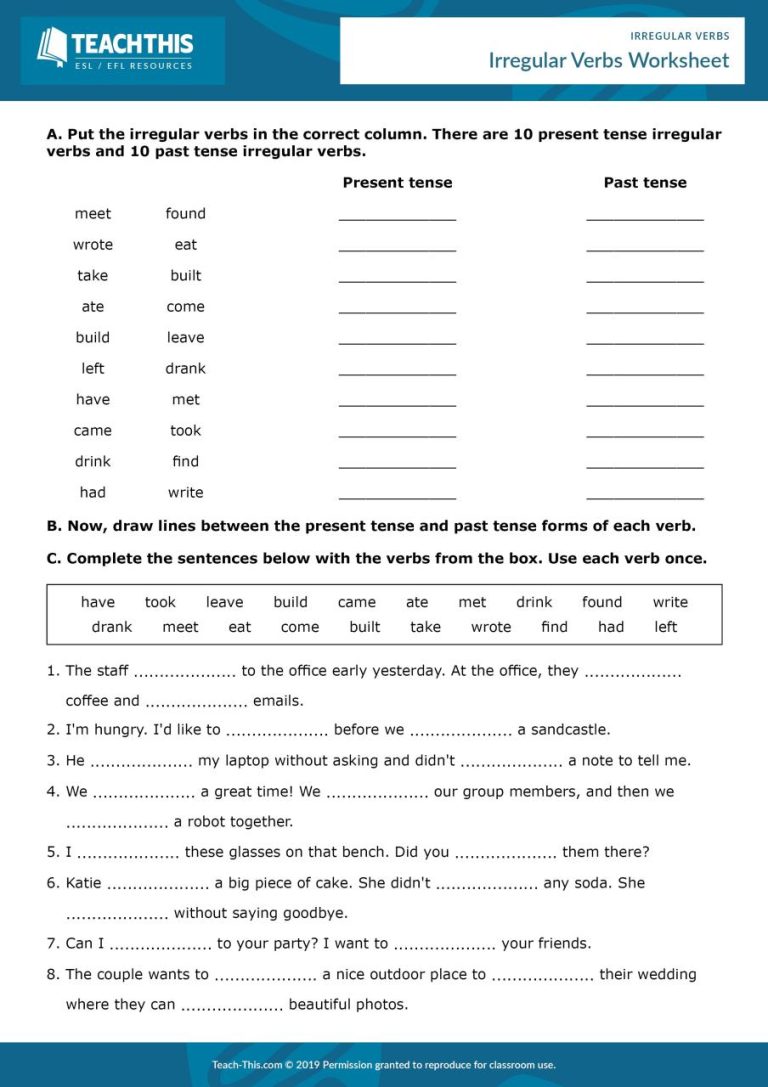 6th Grade Irregular Verbs Worksheet Pdf