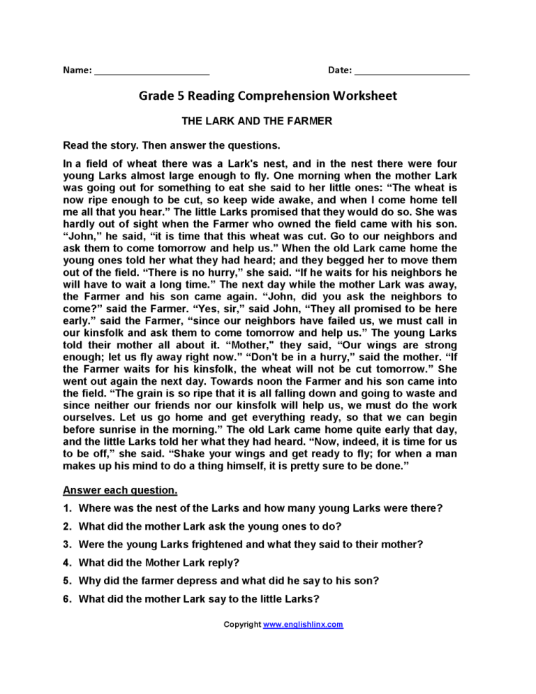 Reading Comprehension Worksheets Pdf Grade 5