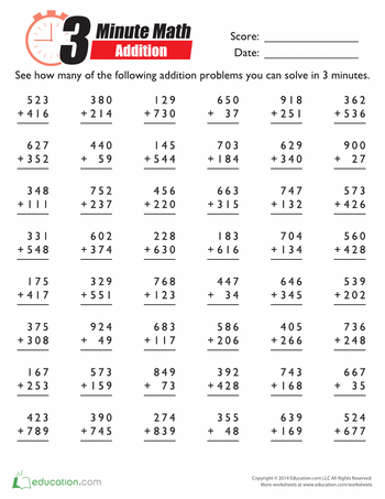 Addition Math Sheets 3rd Grade