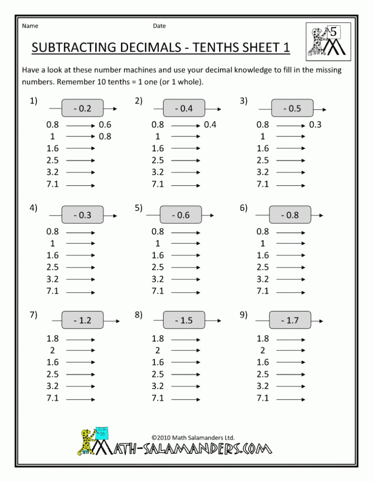 5th Grade Year 5 Times Tables Worksheets