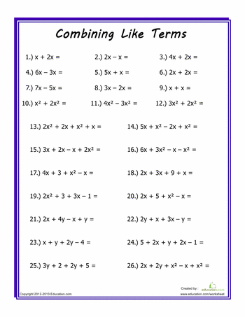 Combining Like Terms Worksheet