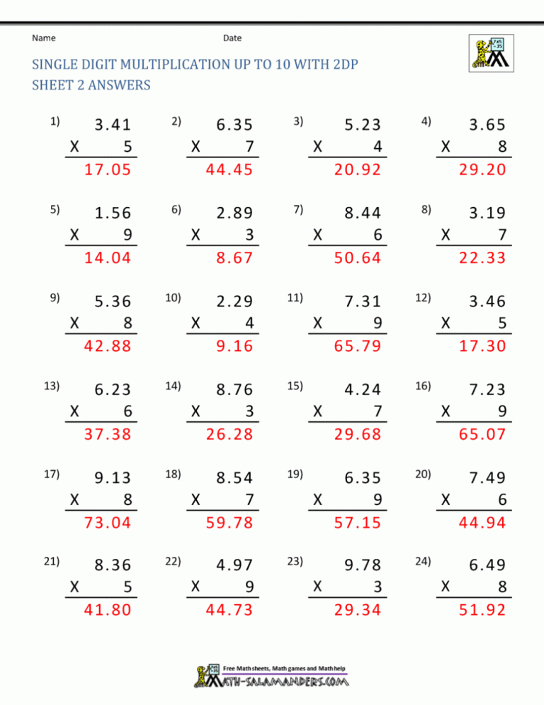 Decimal Multiplication Worksheet With Answers