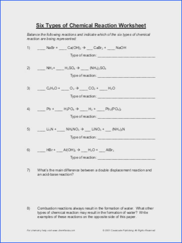 5 Types Of Chemical Reactions Worksheet Answers