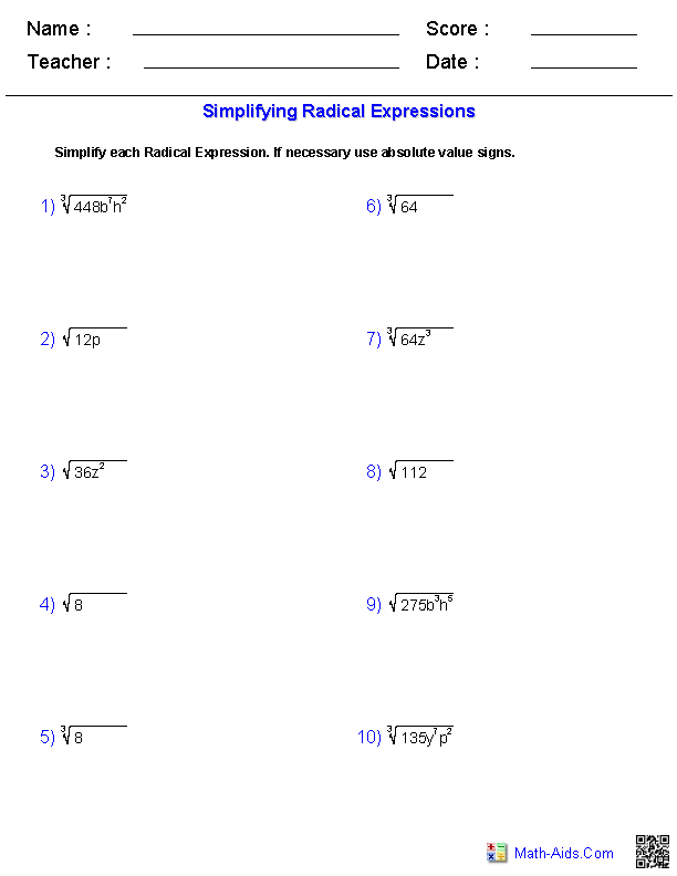 Simplifying Radicals Worksheet Pdf Answer Key