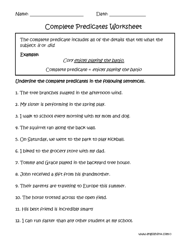 Subject And Predicate Worksheets Pdf