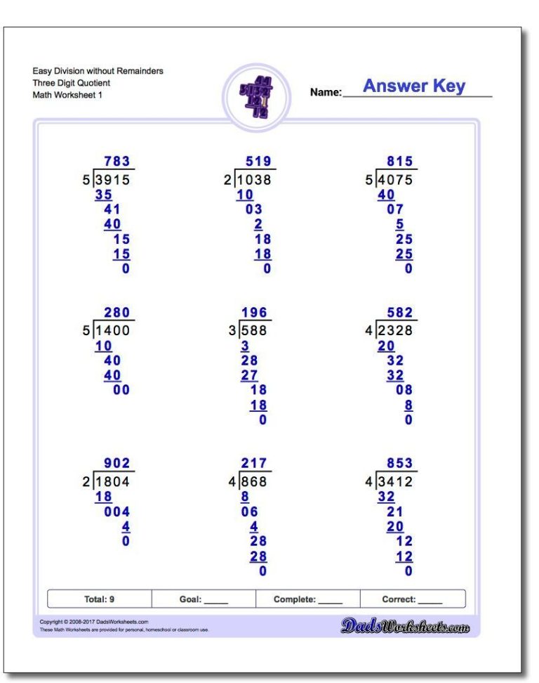 Long Division Worksheets Grade 5 Without Remainders