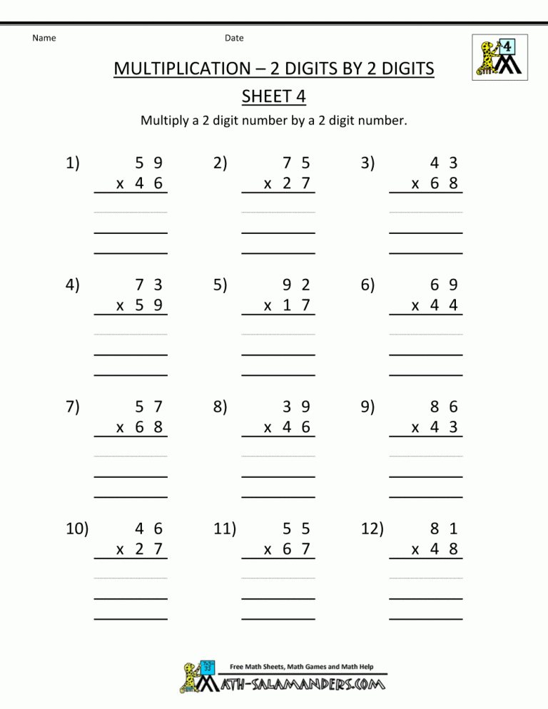 4th Grade Free Math Worksheets Multiplication