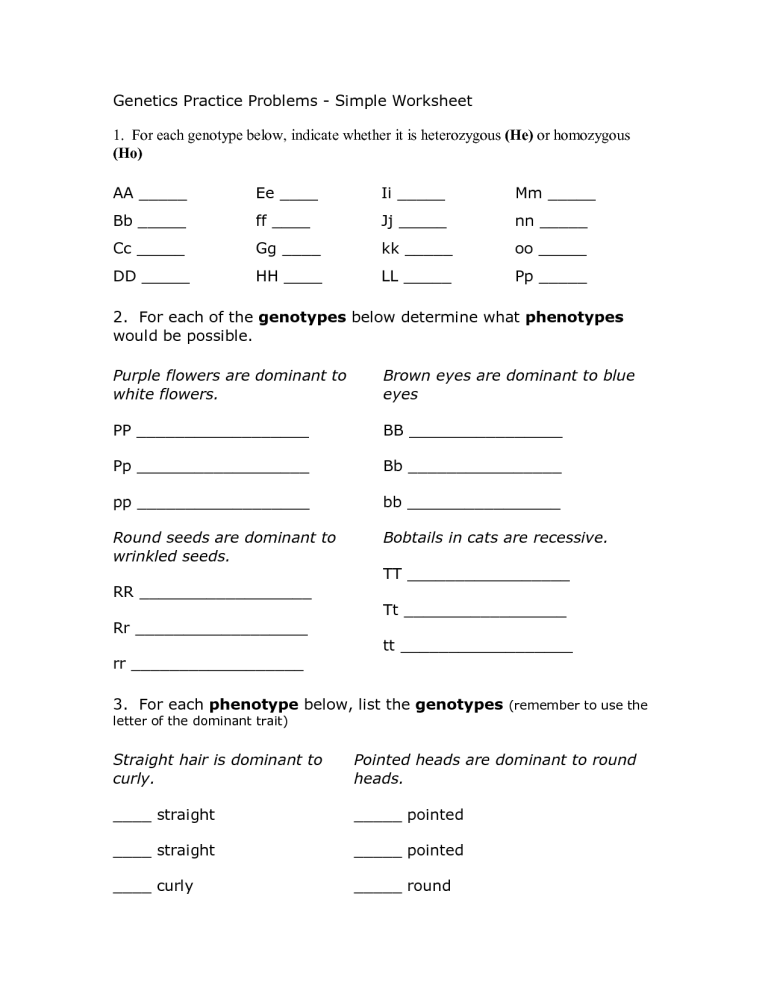 Genetics Practice Problems Worksheet Answer Key