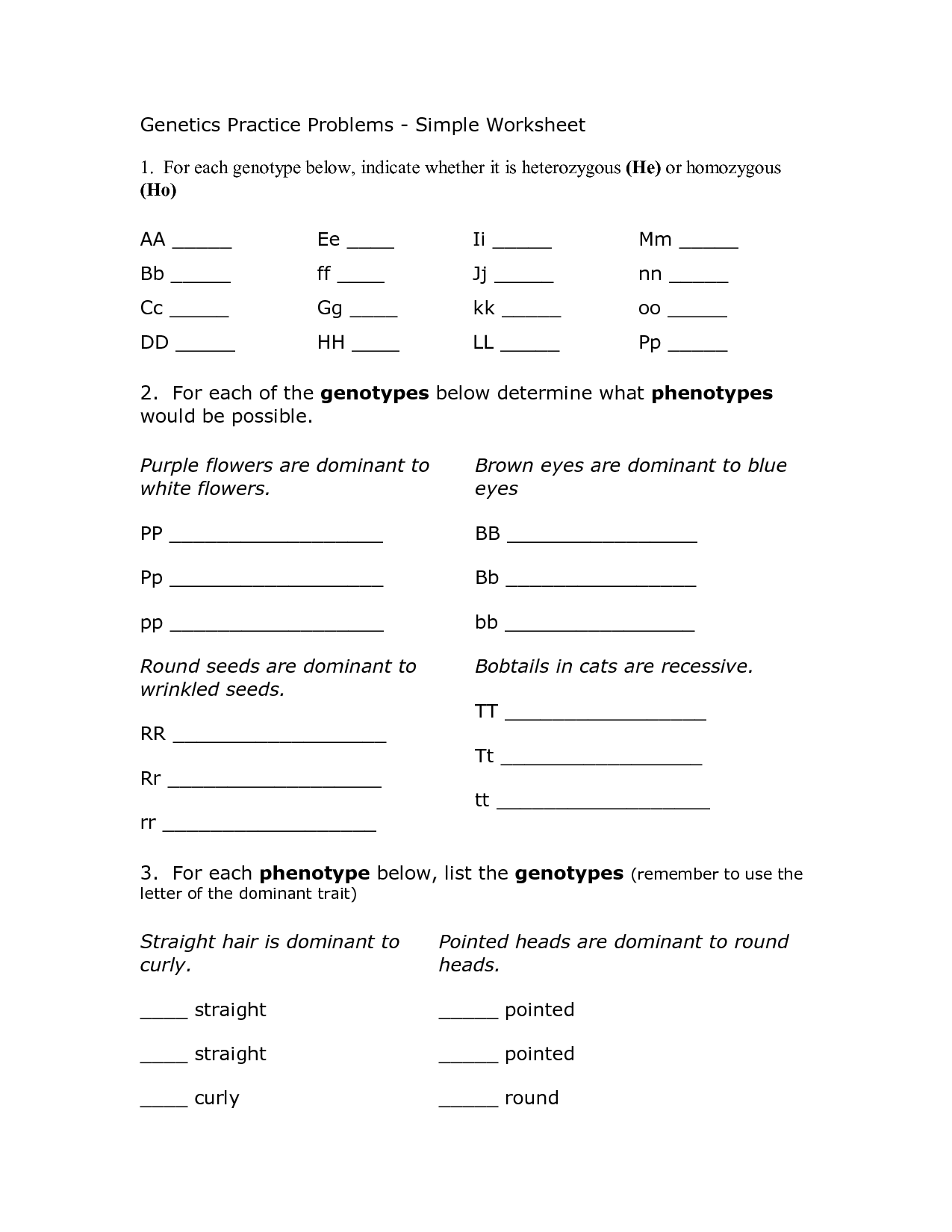 Genetics Practice Problems Worksheet Answer Key