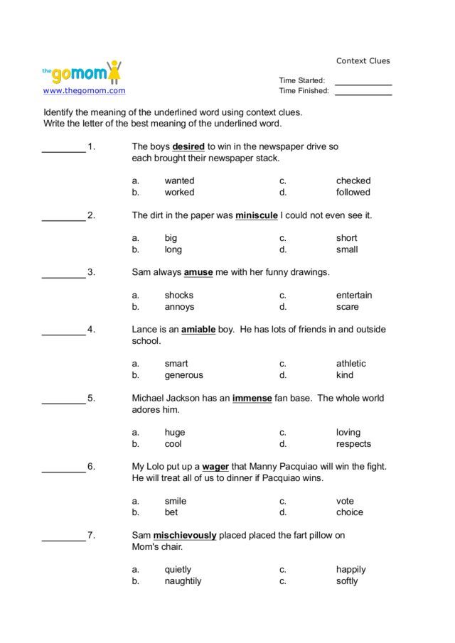 Context Clues Worksheets With Answers Grade 5