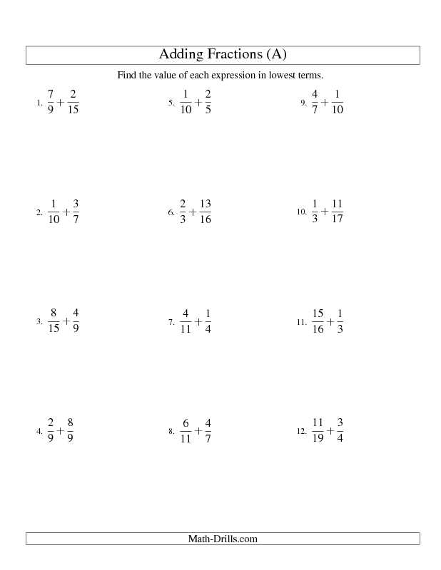 Addition Of Fractions Worksheets With Answers