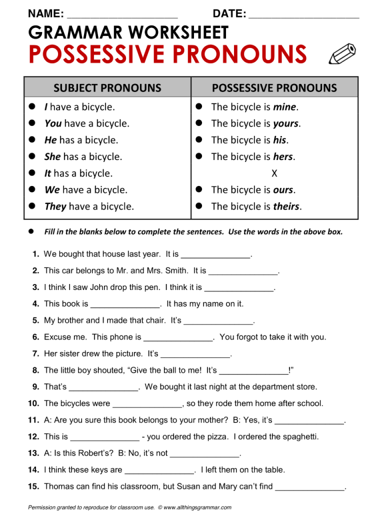 Grammar Worksheet Possessive Pronouns Answer Key