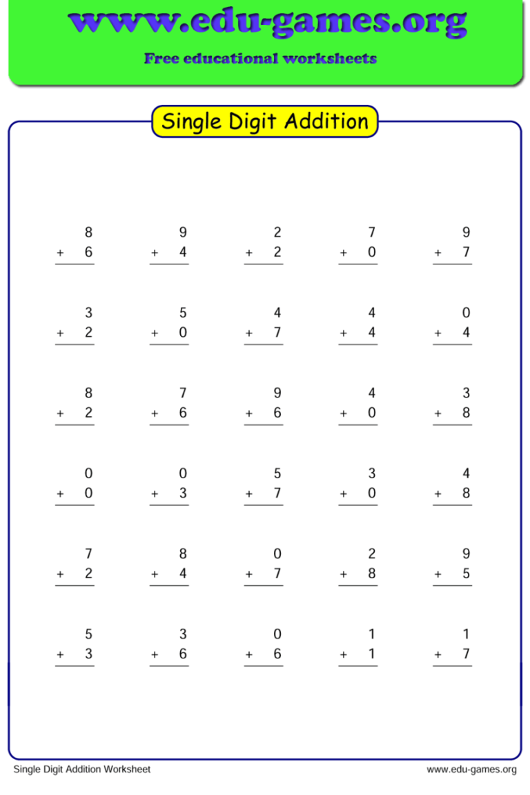 Single Digit Addition Worksheets