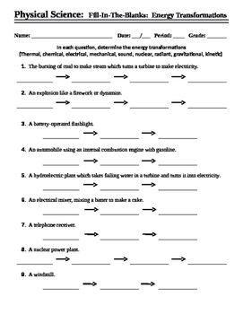 Energy Transformation Worksheet Free