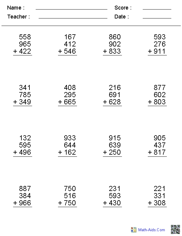 4th Grade Addition Math Facts Worksheets