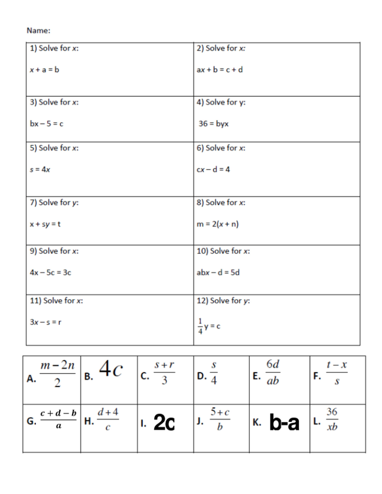 Literal Equations Worksheet 1 Answers