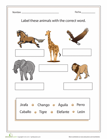 Spanish Worksheets For Kids Animals