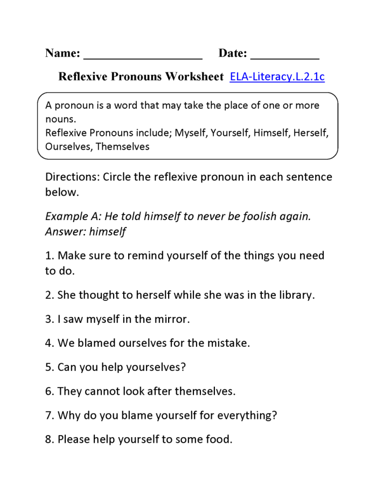 Reflexive Pronouns Worksheets Grade 8