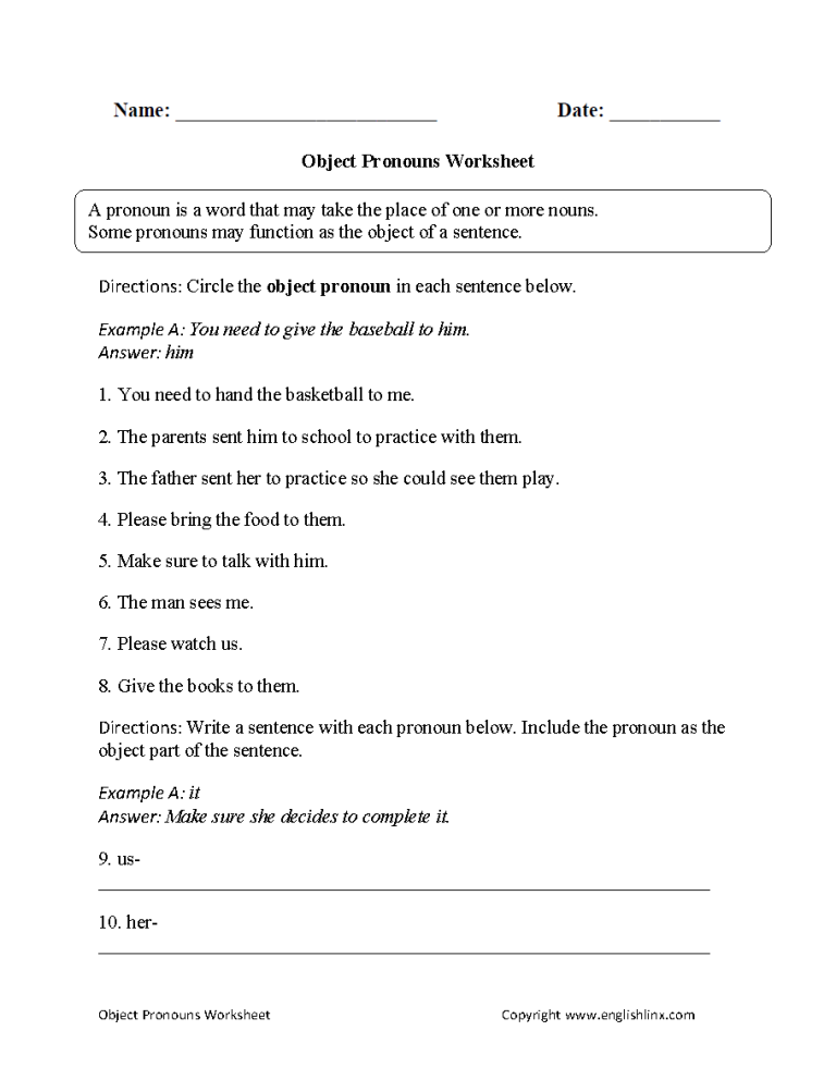 Object Pronouns Worksheets With Answers Pdf