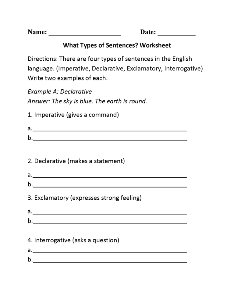 Types Of Sentences Worksheets Pdf