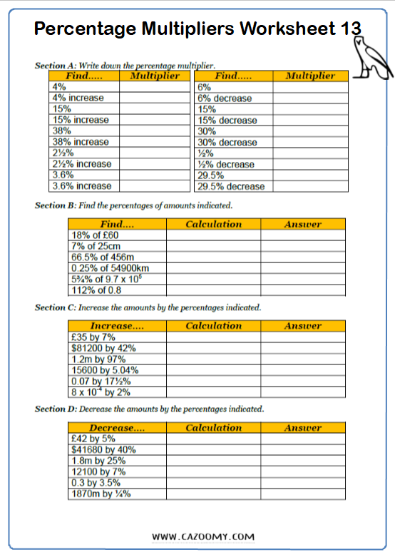 Percentage Increase And Decrease Worksheet With Answers