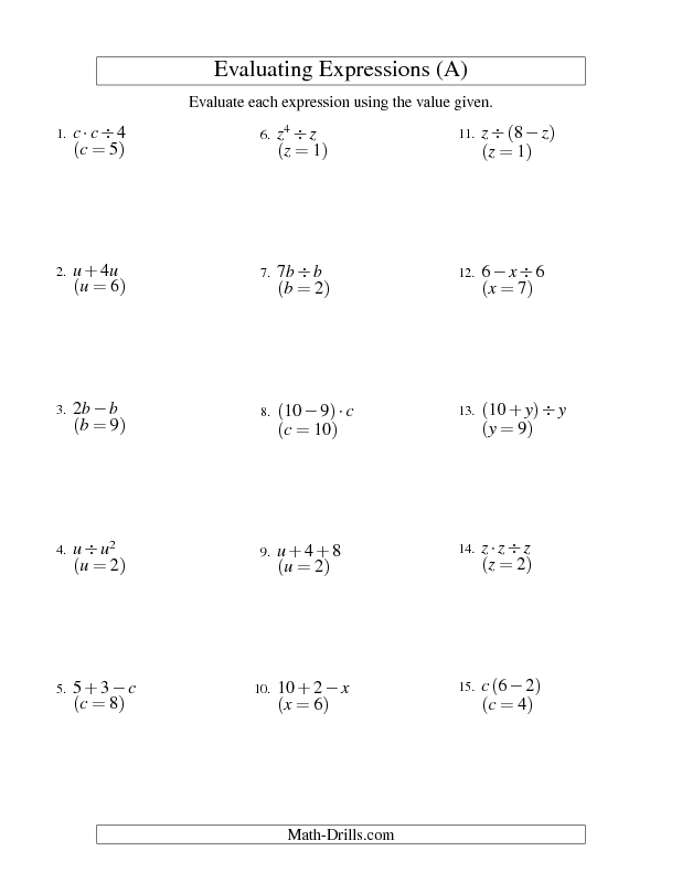 Algebraic Expressions Worksheets 9th Grade