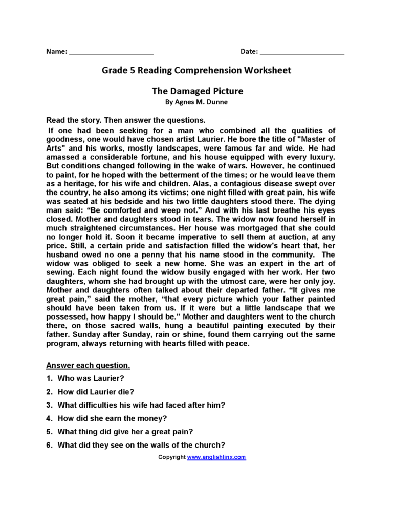 Reading Comprehension 4th Grade English Worksheets