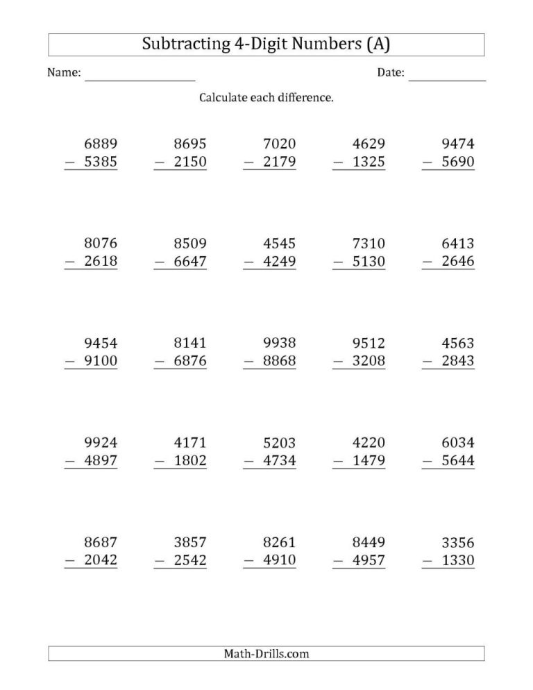 Subtraction Worksheets For Grade 4 With Answers