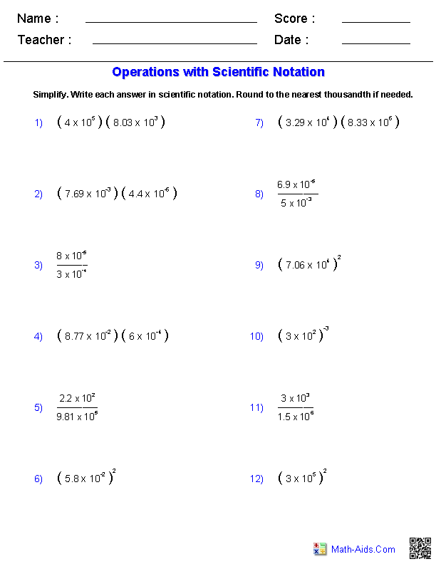 Operations With Scientific Notation Worksheet Answer Key