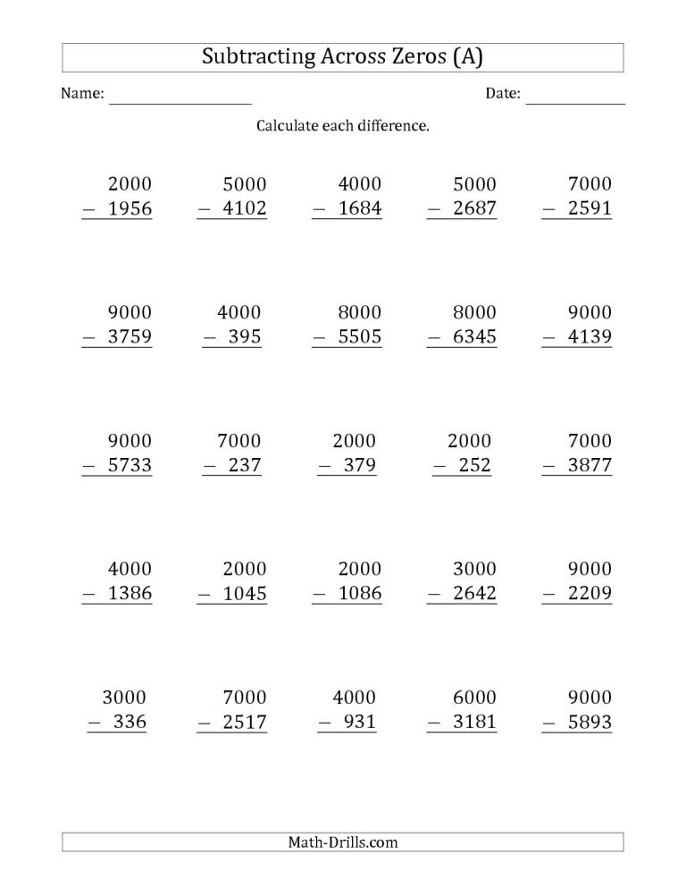 Math Drills Subtraction Across Zeros