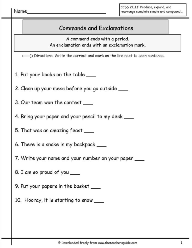 2nd Grade Different Types Of Sentences Worksheet