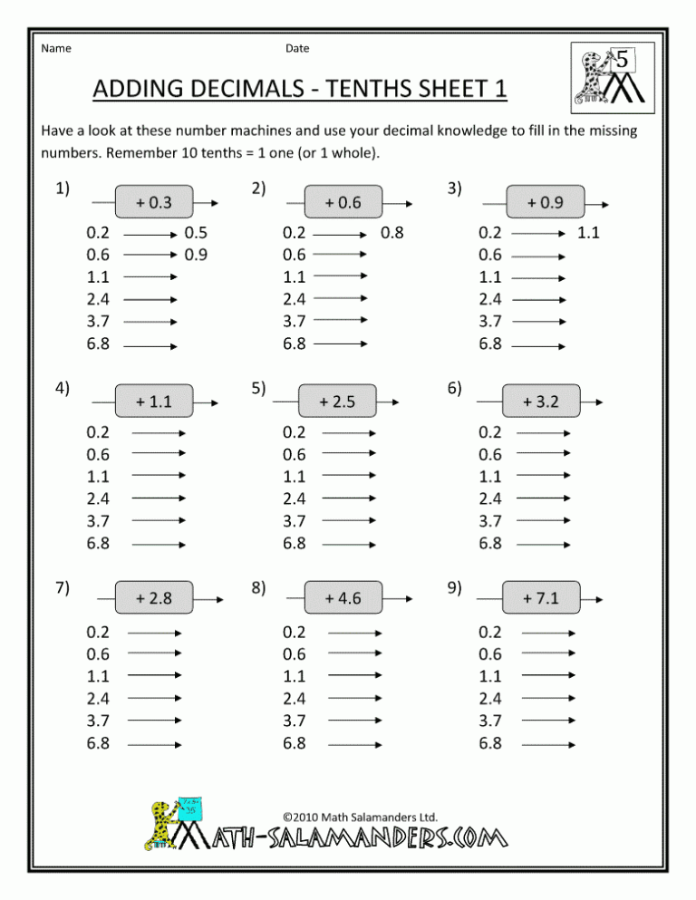 Addition Decimals Worksheets Grade 5