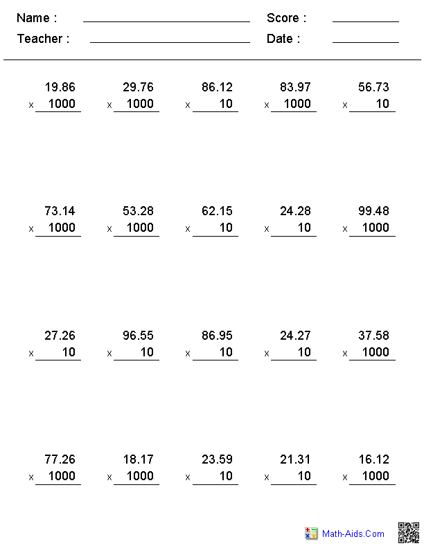 Division Decimals Worksheets Grade 5