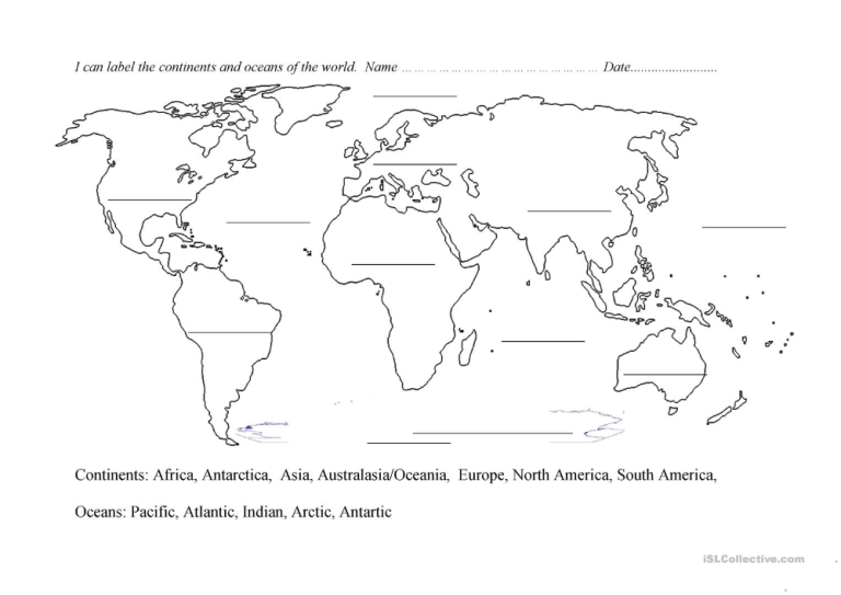 Continents And Oceans Worksheet