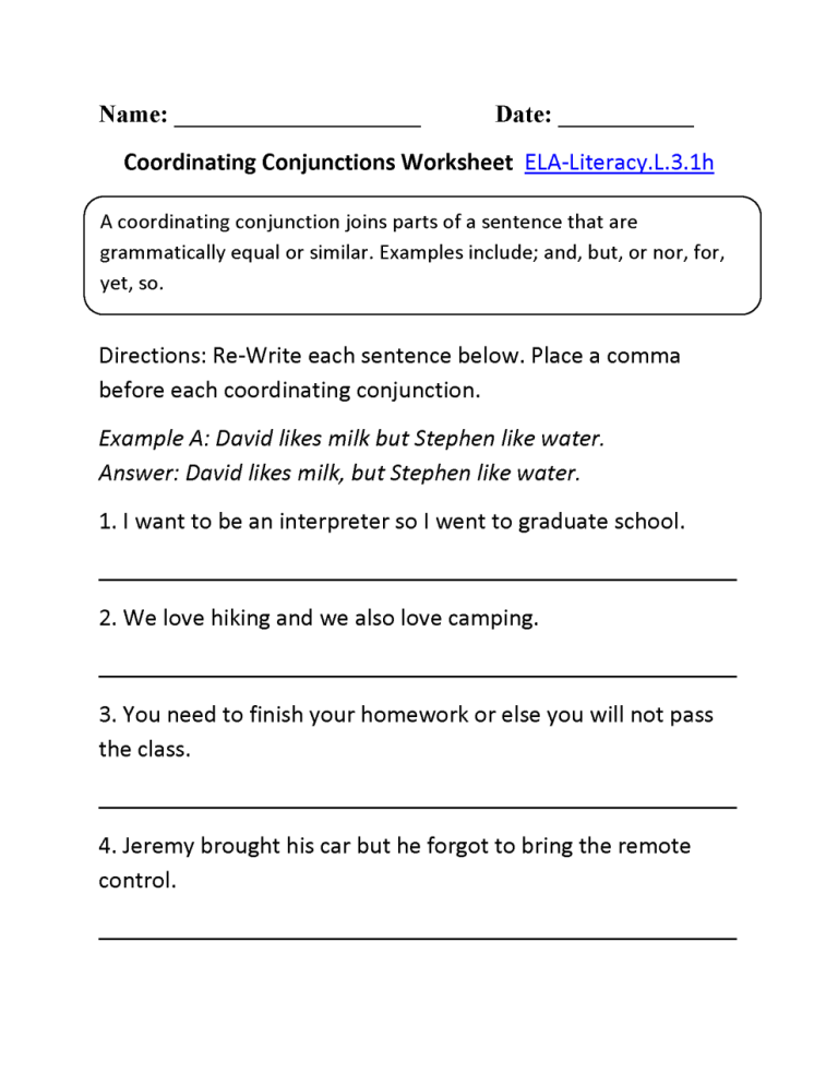 Conjunction Worksheets For Grade 3 With Answers