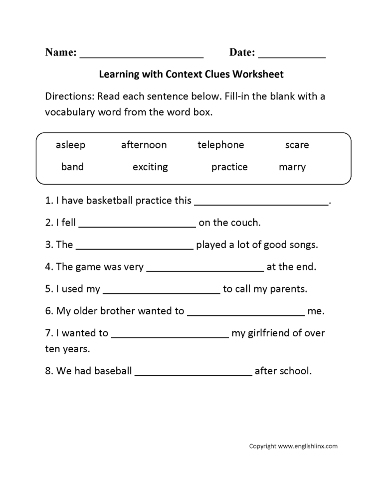 5th Grade 6th Grade Context Clues Worksheets