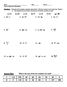 Evaluating Algebraic Expressions Worksheet Grade 6