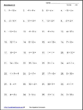 Division Integers Worksheet 7th Grade