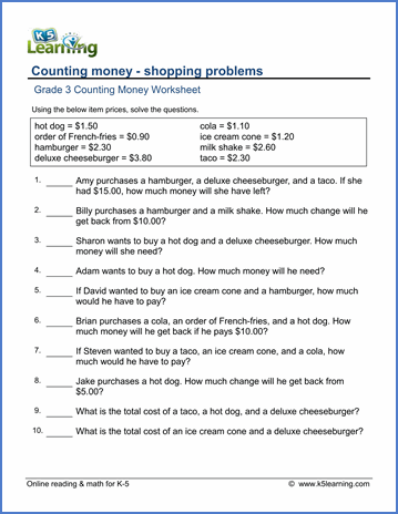 Math Worksheets Grade 3 Money